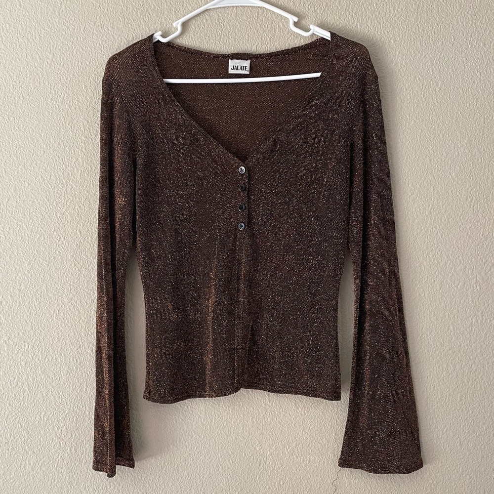 Vintage Jalate Brown Sparkly Long Sleeve Top With Gold Glitter